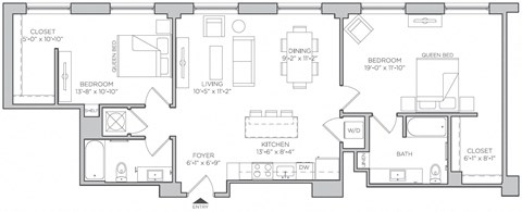 Floor plan for 2 beds, 2 baths, 1118 sqft